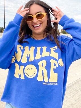 SmileyWorld “Smile More” Cropped‎ Sweatshirt - Blue - XS (Oversized Fit)
